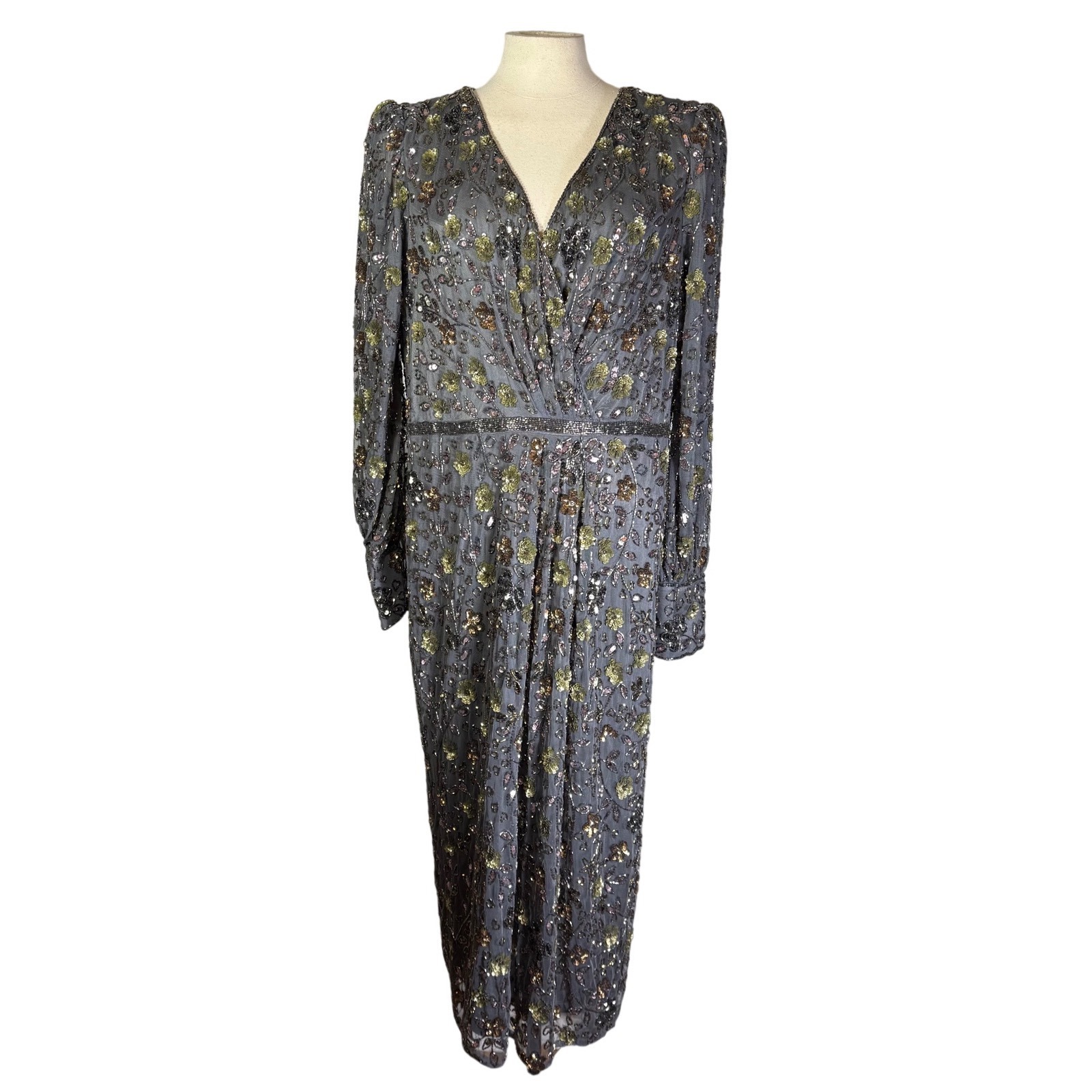 Nwt Mac Duggal 5571 Beaded Floral Sequin Long Sleeve Gown Charcoal Grey W 18